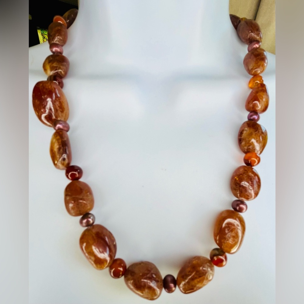 Energized Carnelian and Pearl Beaded Necklace With Toggle Clasp